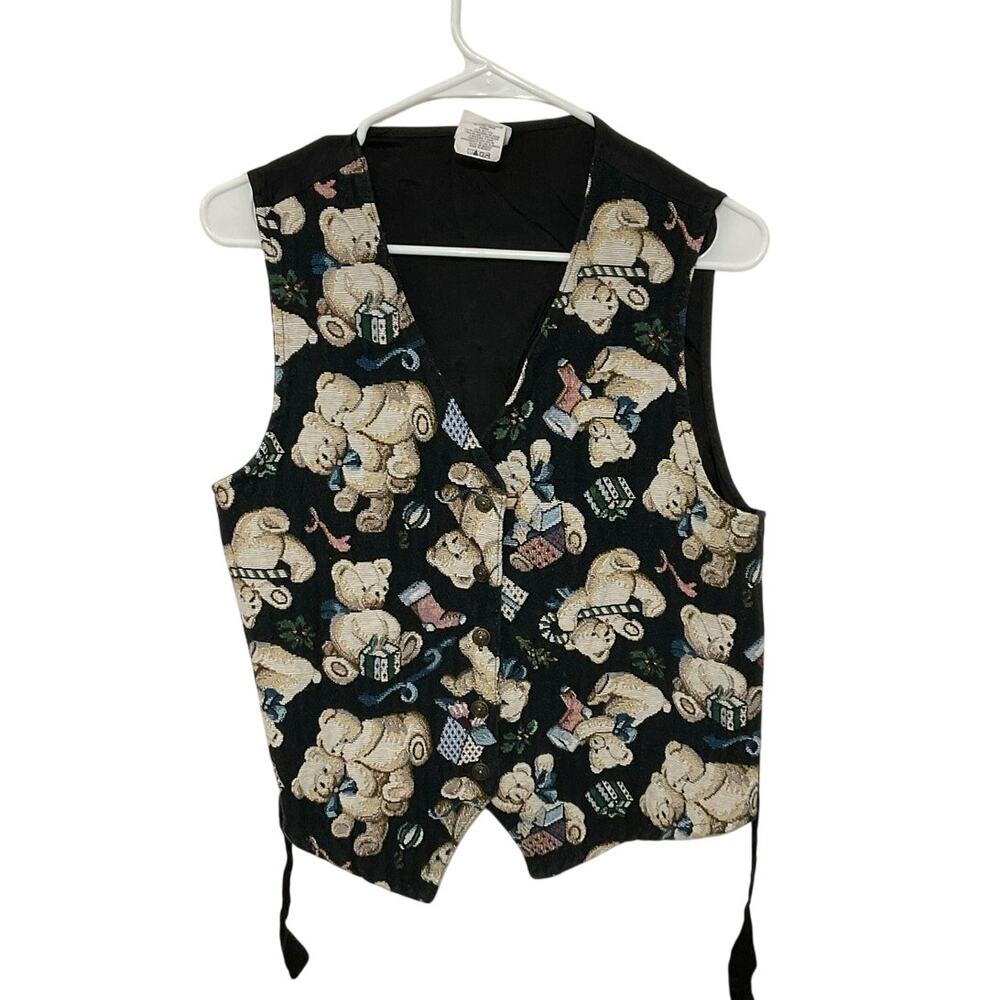 VTG 90s Bobbie Brooks Teddy Bear Christmas Vest Back Tie Medium Button Front